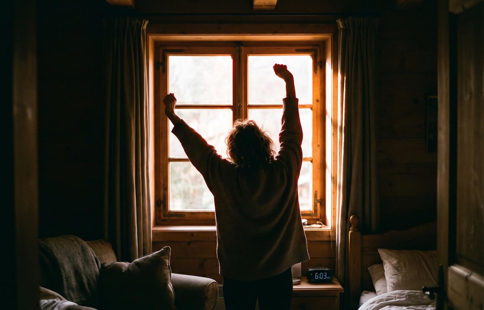 A person stretching in front of a bright window at sunrise, the bedside clock reading 6:03.