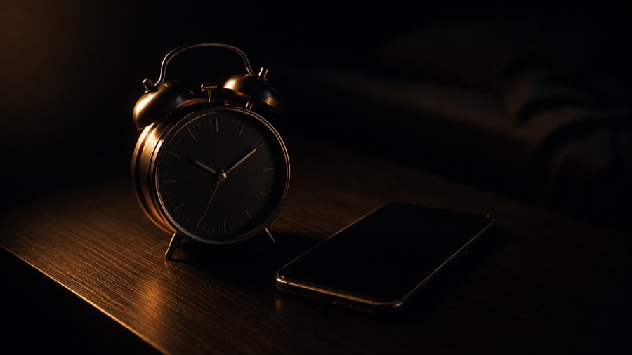 A classic twin-bell alarm clock beside a modern smartphone on a dark wooden surface.