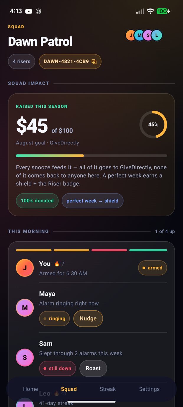 The squad screen showing who is up this morning.